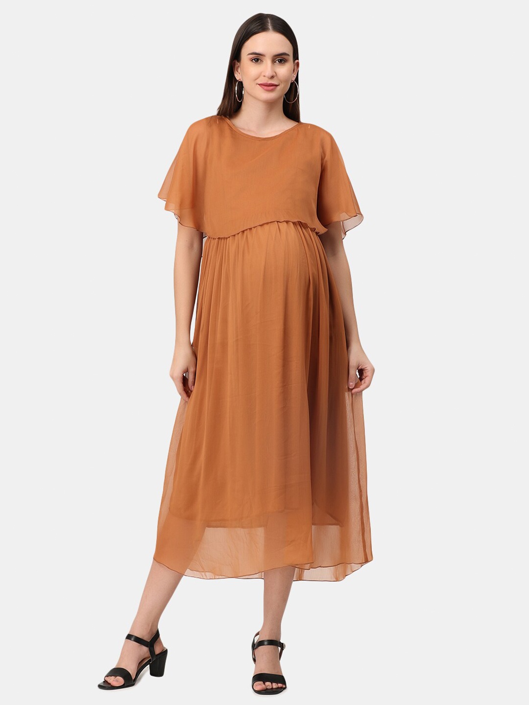 The Mom Store Beige Georgette Maternity And Nursing Empire Midi Dress