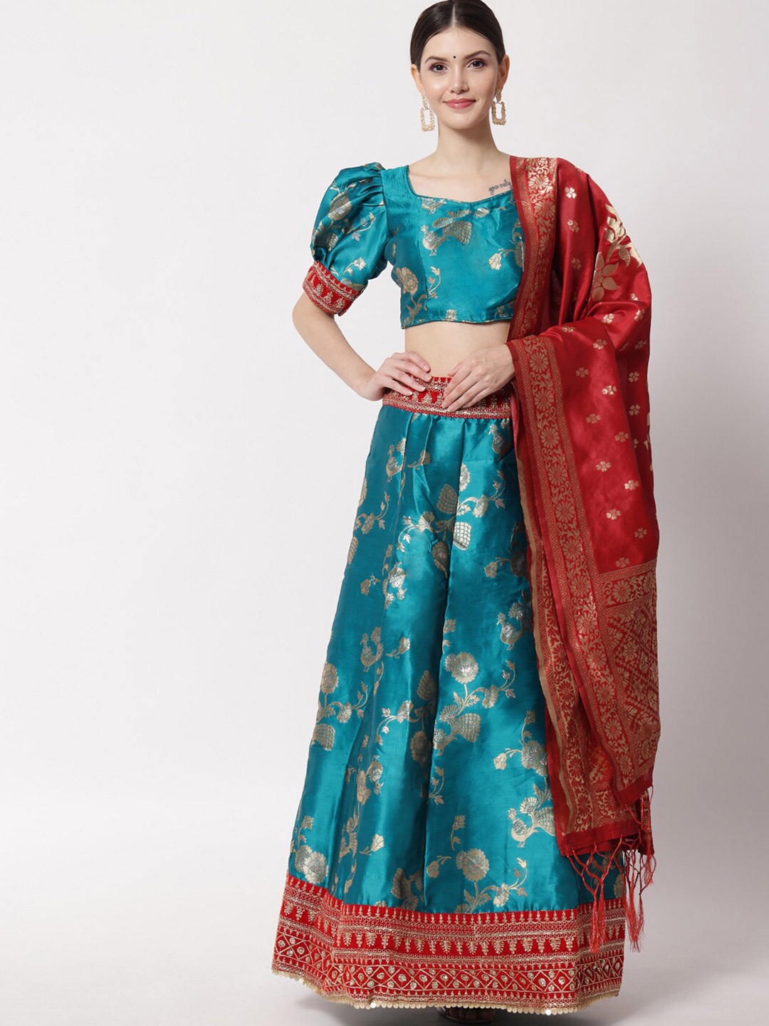 DIVASTRI Turquoise Blue & Red Ready to Wear Lehenga & Unstitched Blouse With Dupatta
DIVASTRI Turquoise Blue & Red Ready to Wear Lehenga & Unstitched Blouse With Dupatta