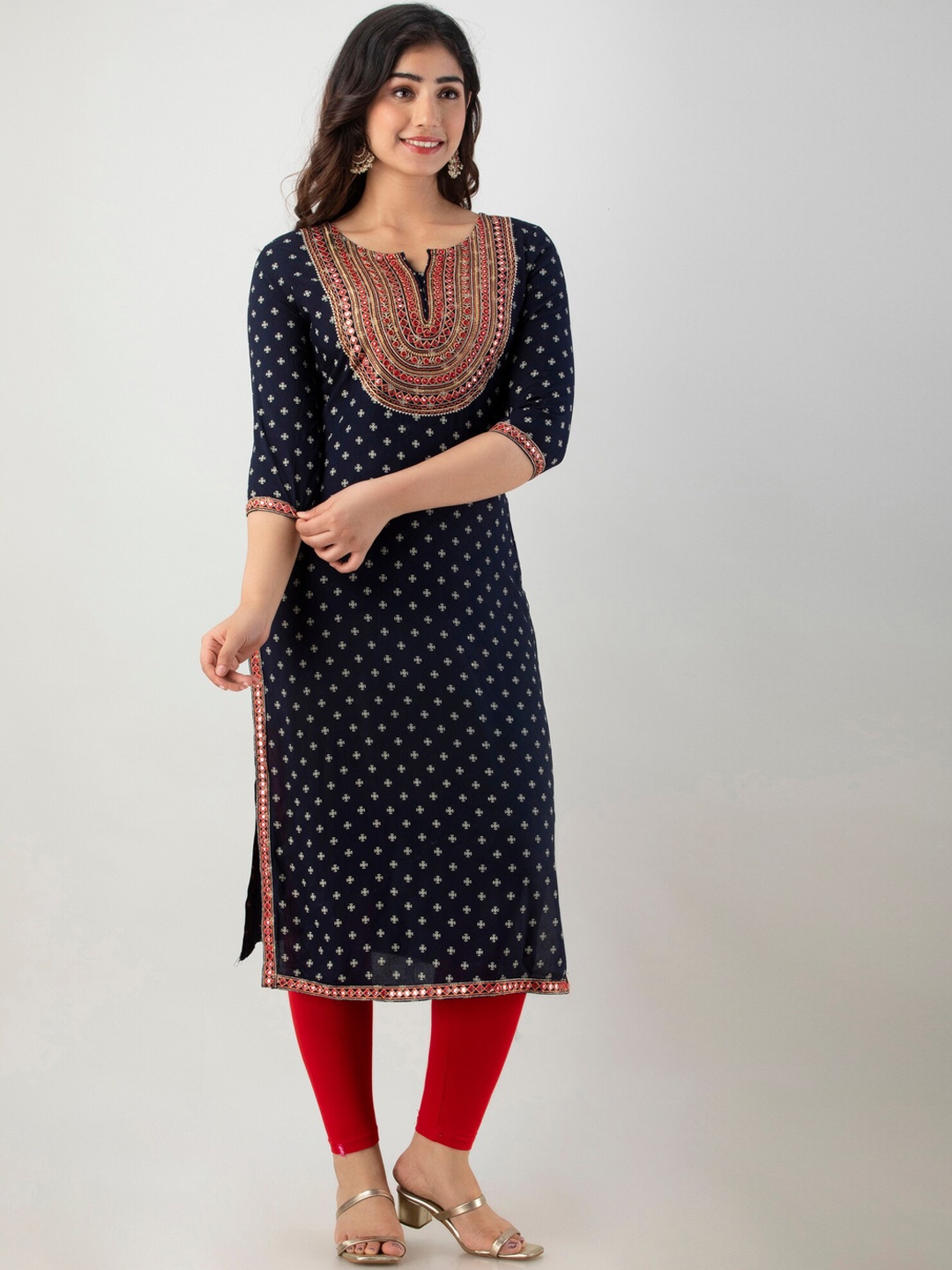 FASHION DEPTH Women Navy Blue Ethnic Motifs Printed Keyhole Neck Flared Sleeves Mirror Work Kurta
FASHION DEPTH Women Navy Blue Ethnic Motifs Printed Keyhole Neck Flared Sleeves Mirror Work Kurta