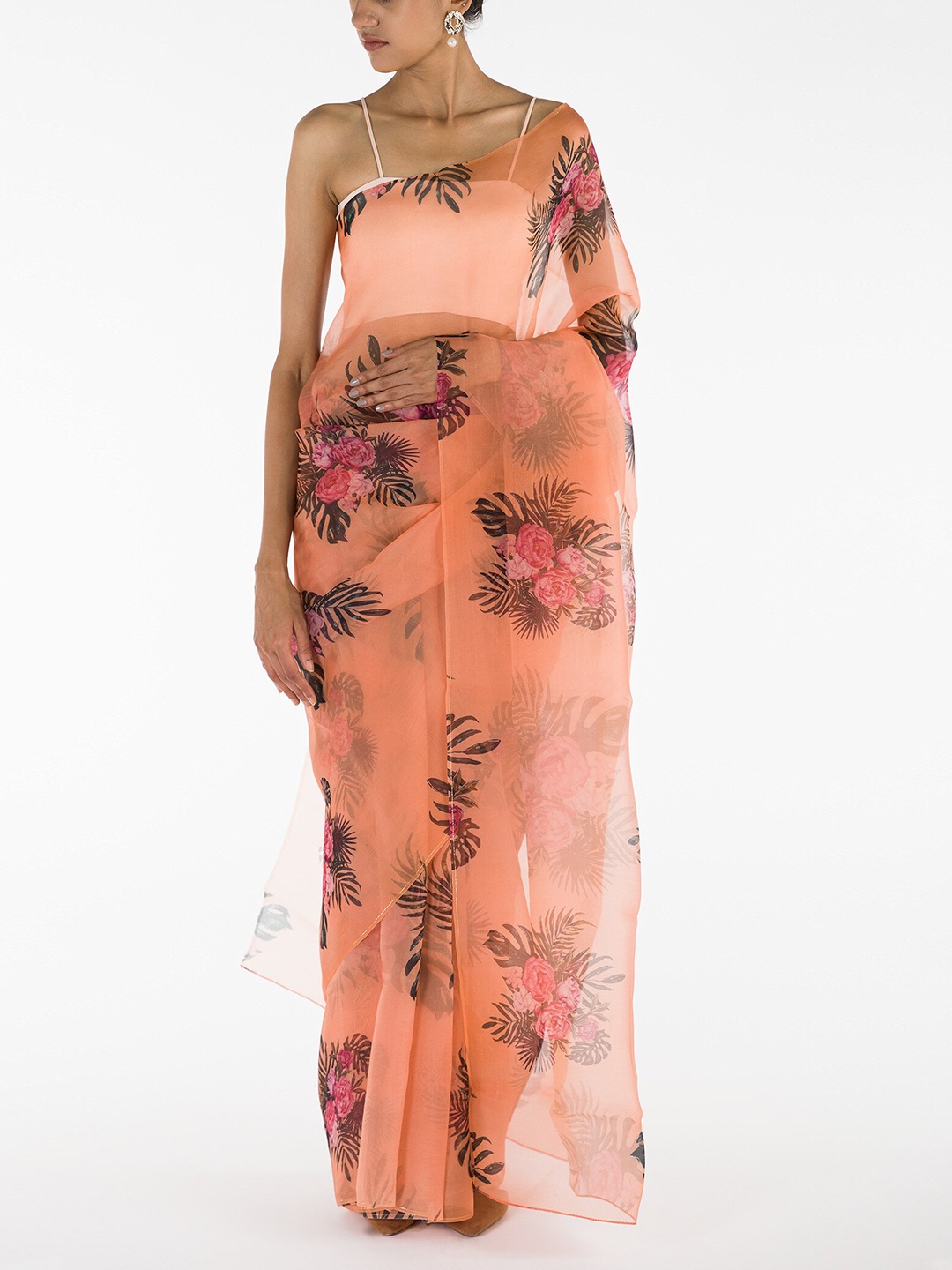 Nalli Next Peach-Coloured & Brown Floral Organza Saree
