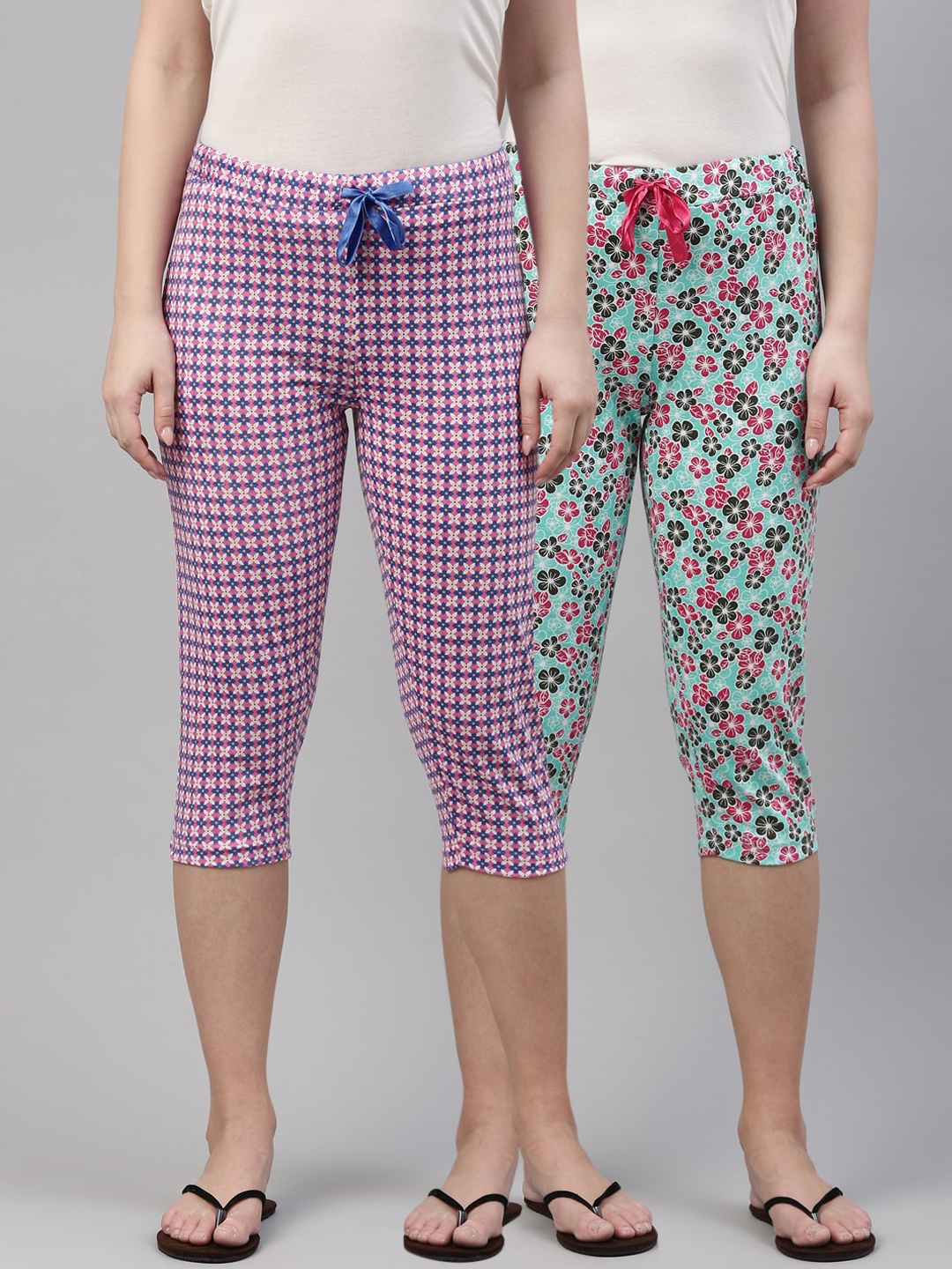 Enviously Young Women Teal & Pink Printed Capris