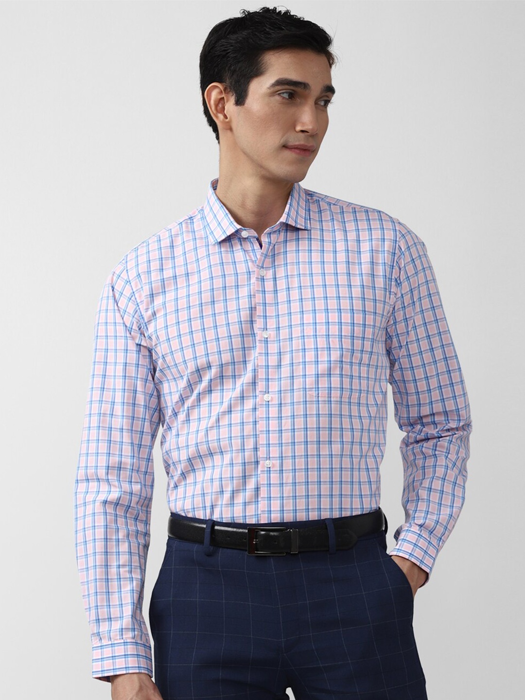 Peter England Men Blue Tartan Checks Checked Formal Shirt