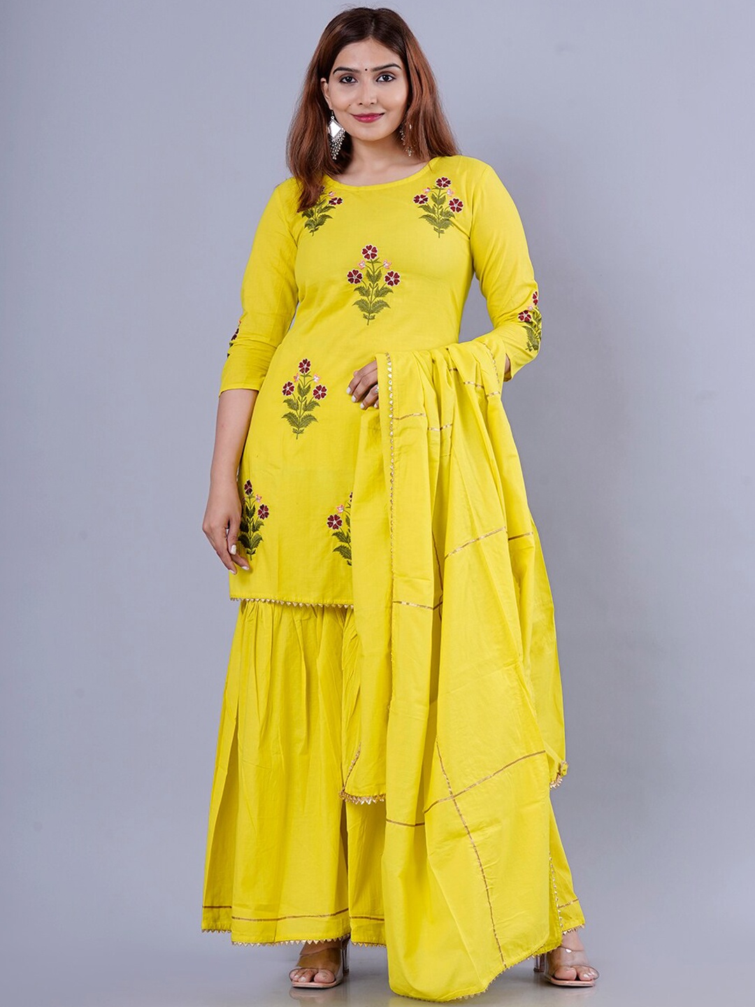 KALINI Women Yellow Floral Embroidered Empire Gotta Patti Pure Cotton Kurti with Sharara & With Dupatta
KALINI Women Yellow Floral Embroidered Empire Gotta Patti Pure Cotton Kurti with Sharara & With Dupatta