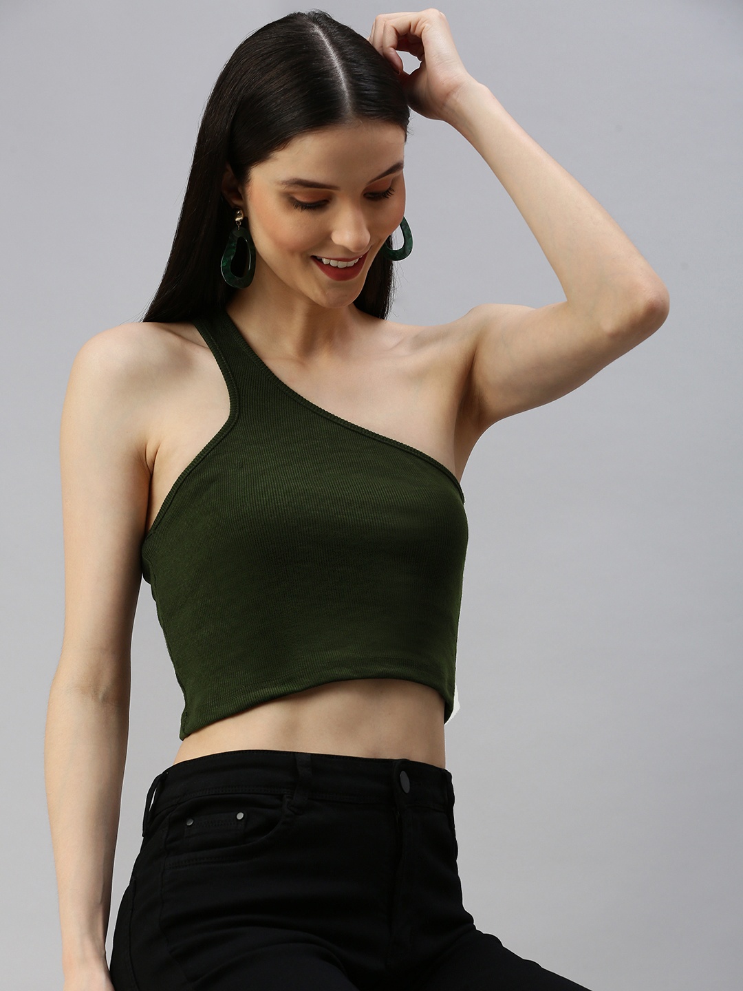 AAHWAN Olive Green Ribbed One Shoulder Crop Top