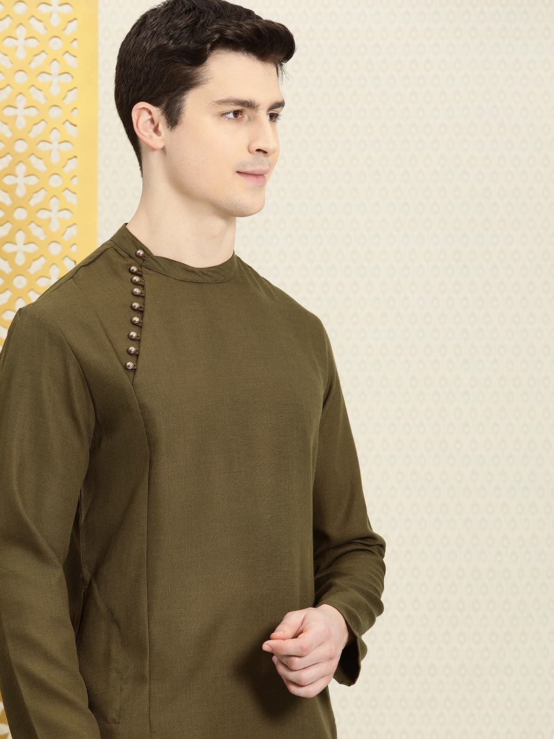 House of Pataudi Angrakha Rozana Kurta, Olive