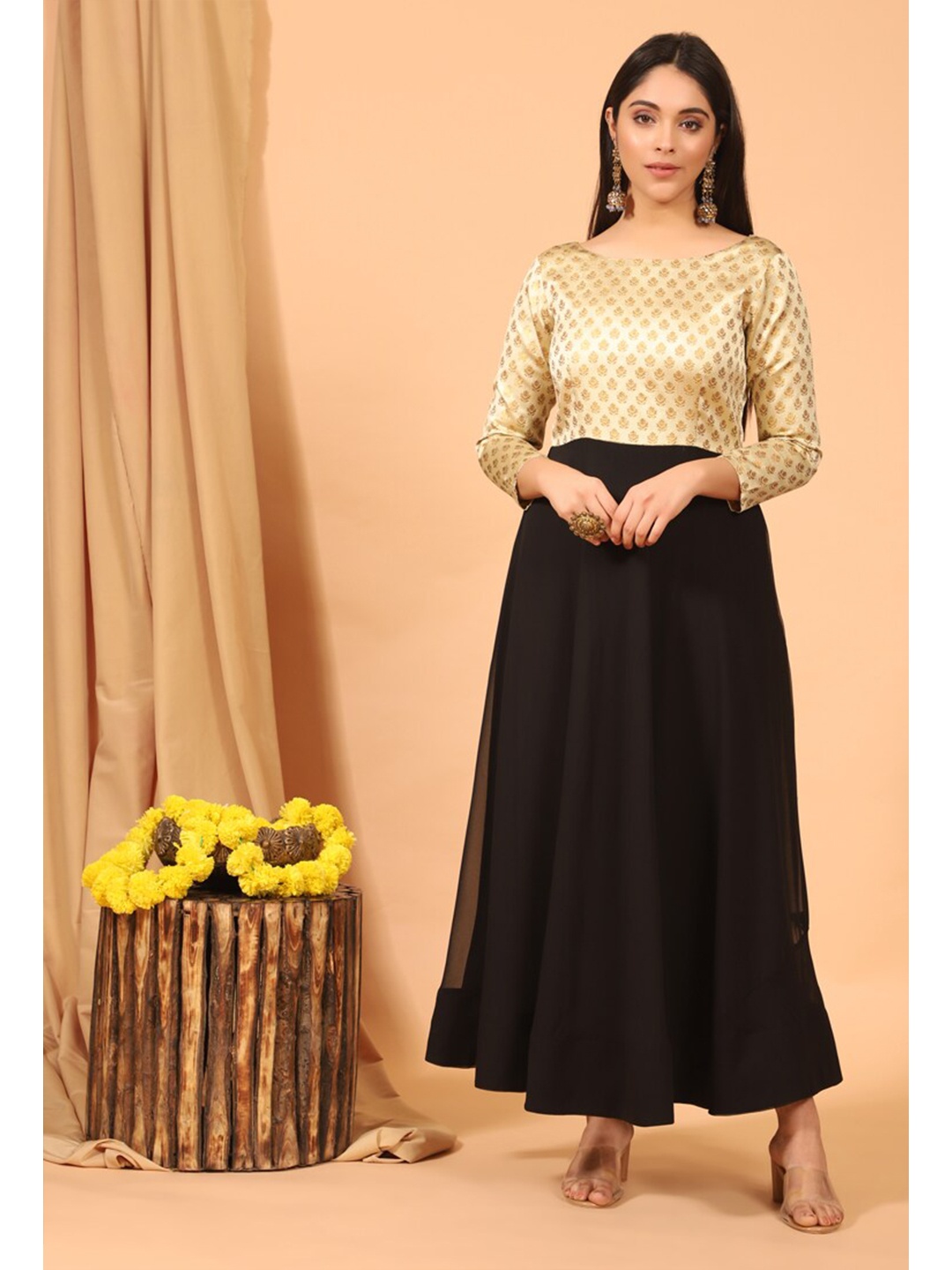 KALINI Gold-Toned Georgette Ethnic Maxi Dress