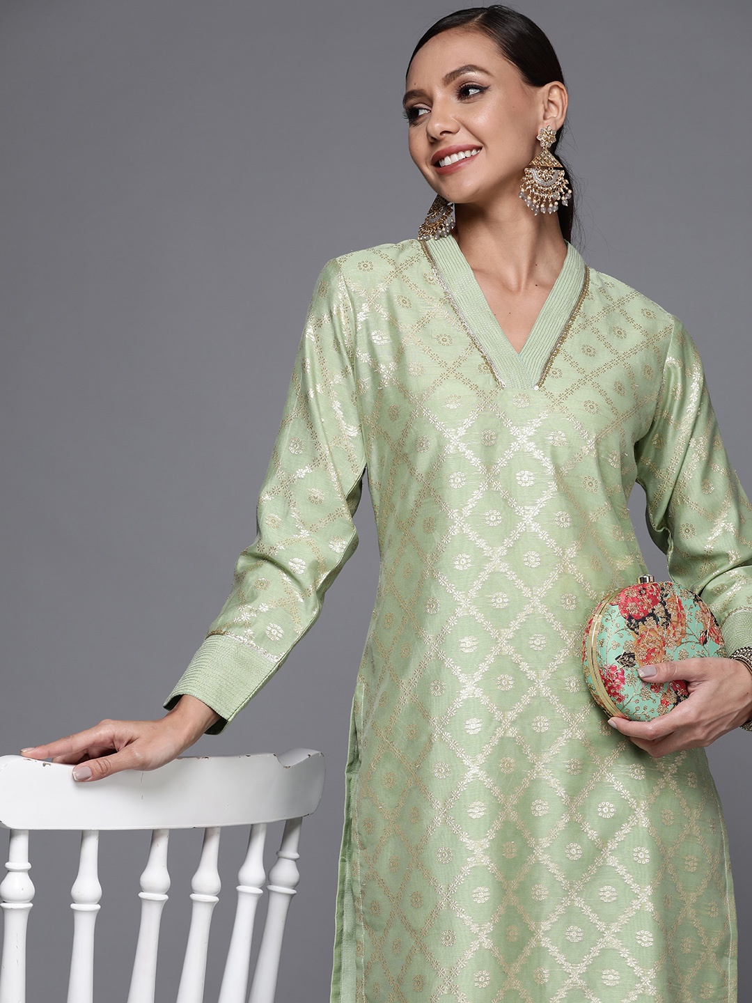 Libas Women Green Geometric Chanderi Silk Kurta