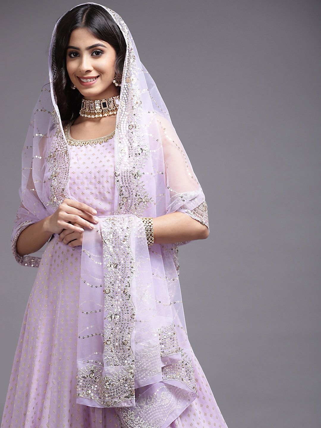 SAARYA Lavender Floral Georgette A-Line Maxi Dress