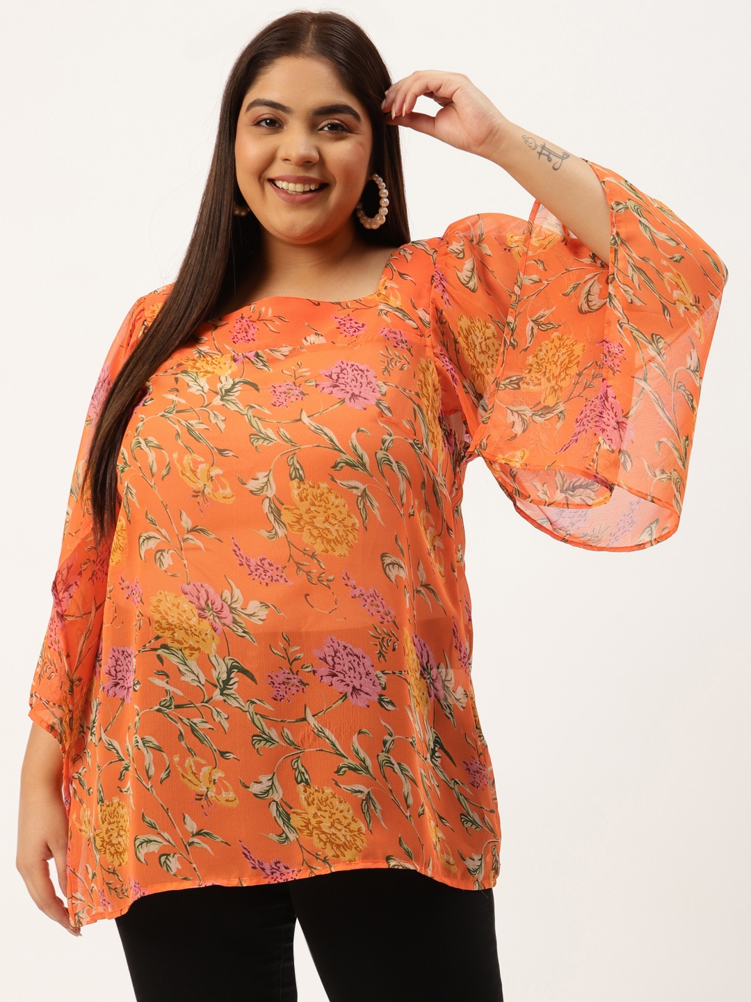 theRebelinme Plus Size Orange & Green Floral Print Georgette Semi-Sheer Longline Top
theRebelinme Plus Size Orange & Green Floral Print Georgette Semi-Sheer Longline Top