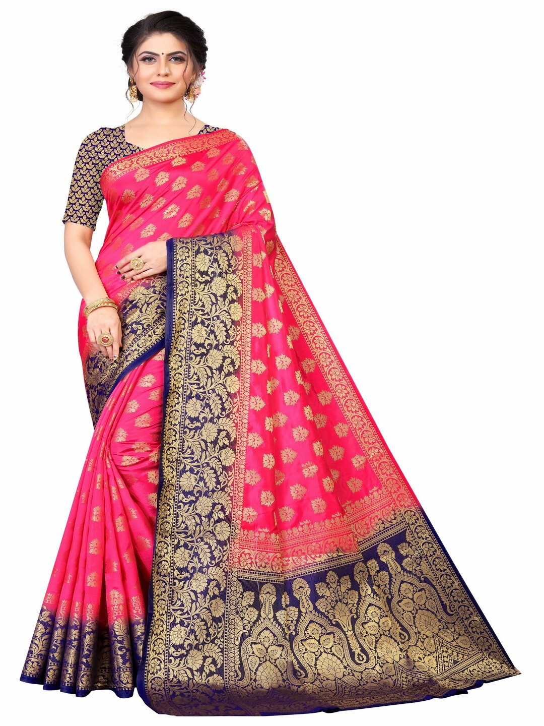 MOKSHA DESIGNS Coral & Navy Blue Woven Design Zari Pure Silk Banarasi Saree