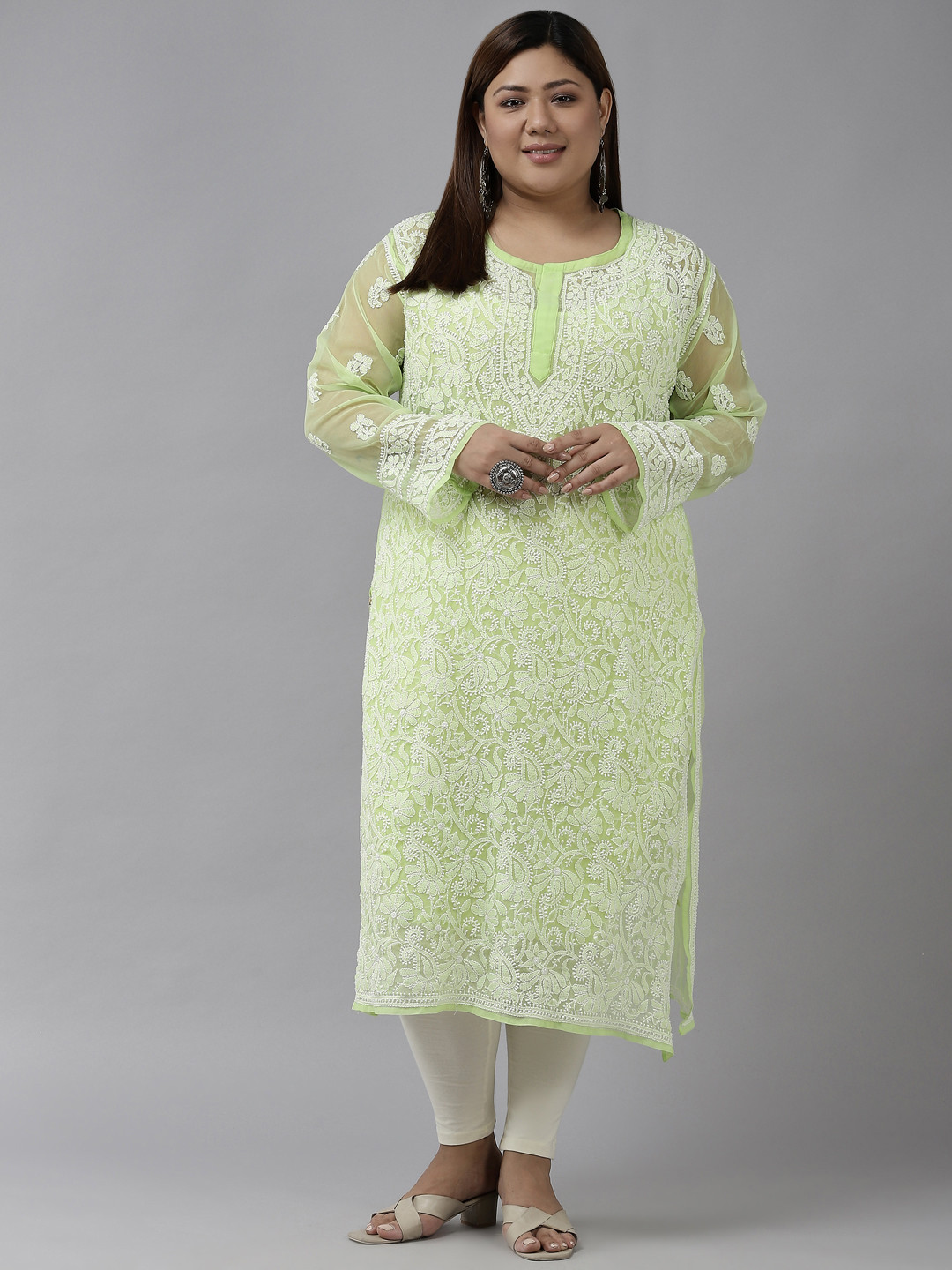 ADA Women Green & White Ethnic Motifs Plus Size Chikankari Georgette Kurta with Slip
ADA Women Green & White Ethnic Motifs Plus Size Chikankari Georgette Kurta with Slip