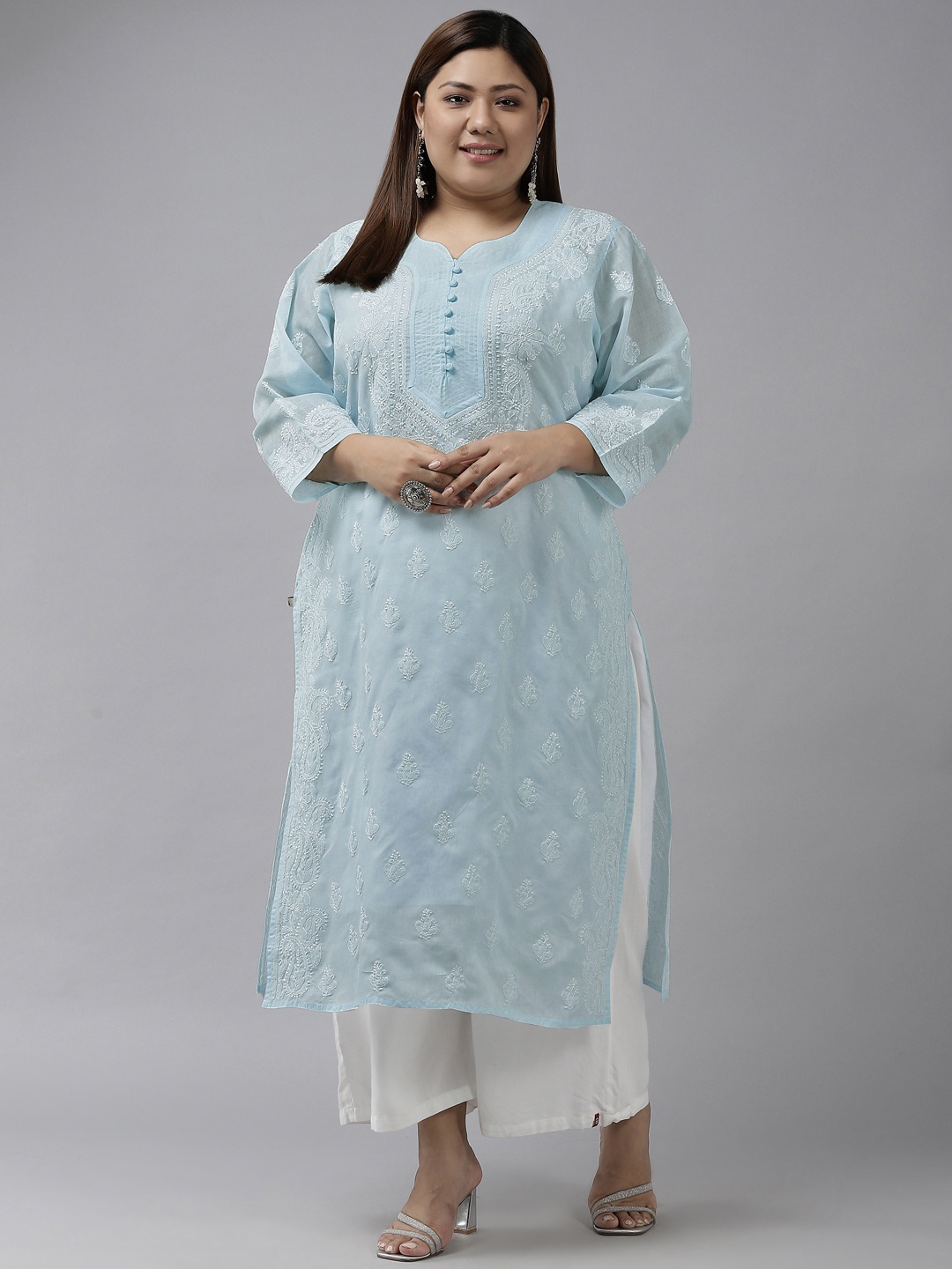 ADA Women Turquoise Blue & White Ethnic Motifs Embroidered Plus Size Chikankari Kurta
ADA Women Turquoise Blue & White Ethnic Motifs Embroidered Plus Size Chikankari Kurta