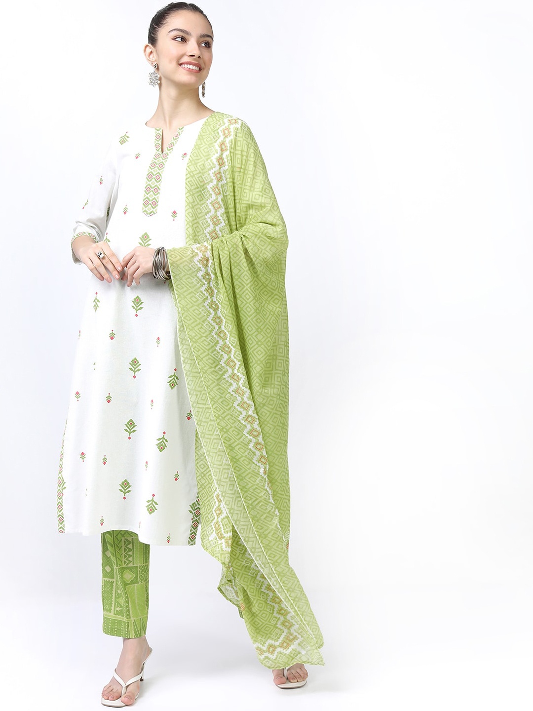 Vishudh Women Off White Floral Printed Pure Cotton Kurti With Trousers & With Dupatta
Vishudh Women Off White Floral Printed Pure Cotton Kurti With Trousers & With Dupatta