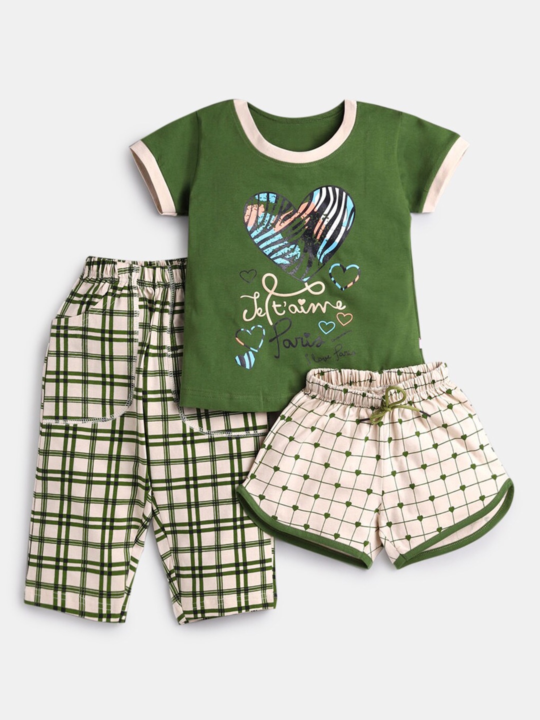 Hopscotch Girls Green & Cream-Coloured Printed T-Shirt With Shorts & Trousers Night suit
Hopscotch Girls Green & Cream-Coloured Printed T-Shirt With Shorts & Trousers Night suit
