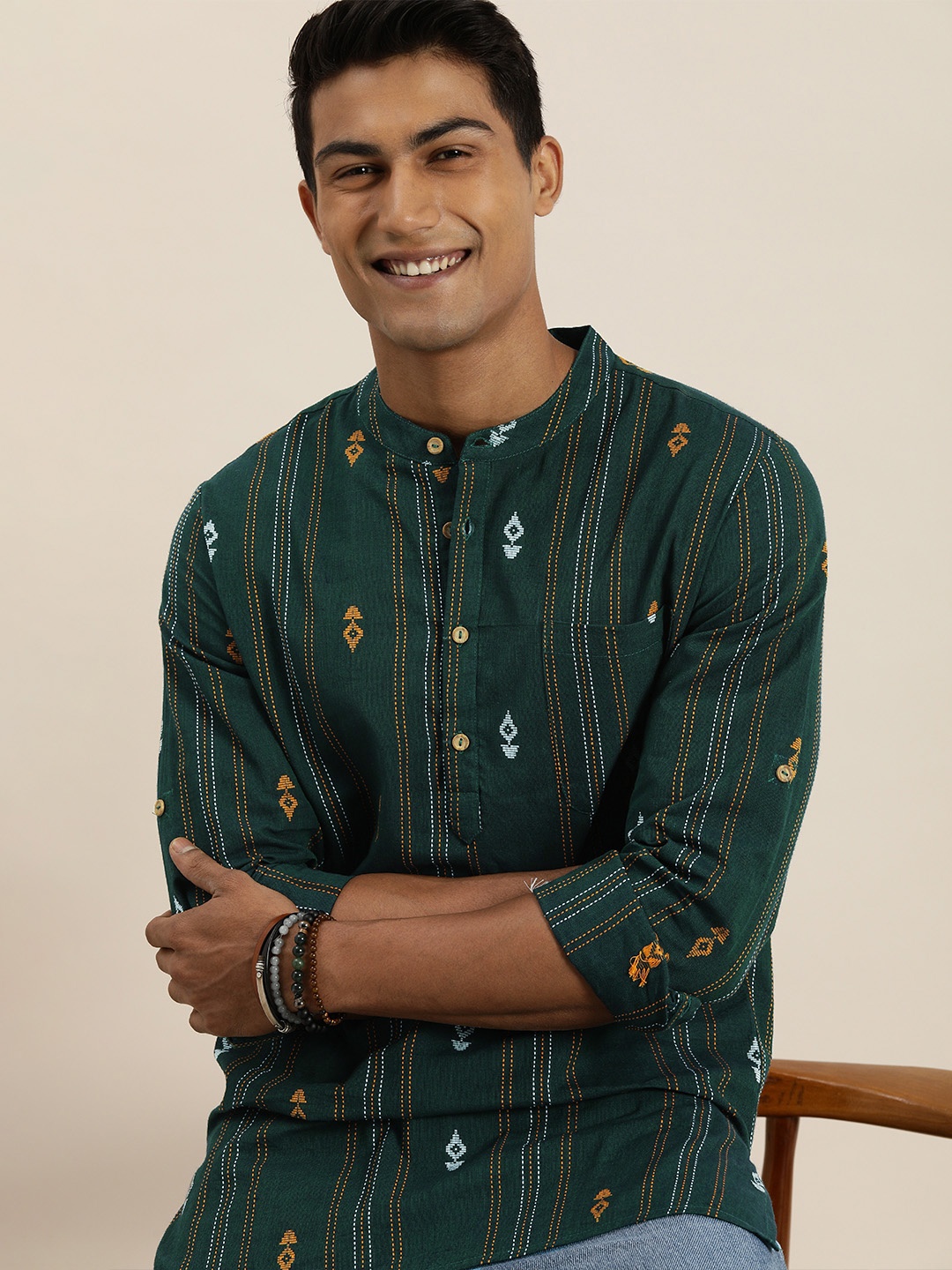 Taavi Men Green & Mustard Yellow Ethnic Motifs Printed Woven Legacy Pure Cotton Kurta