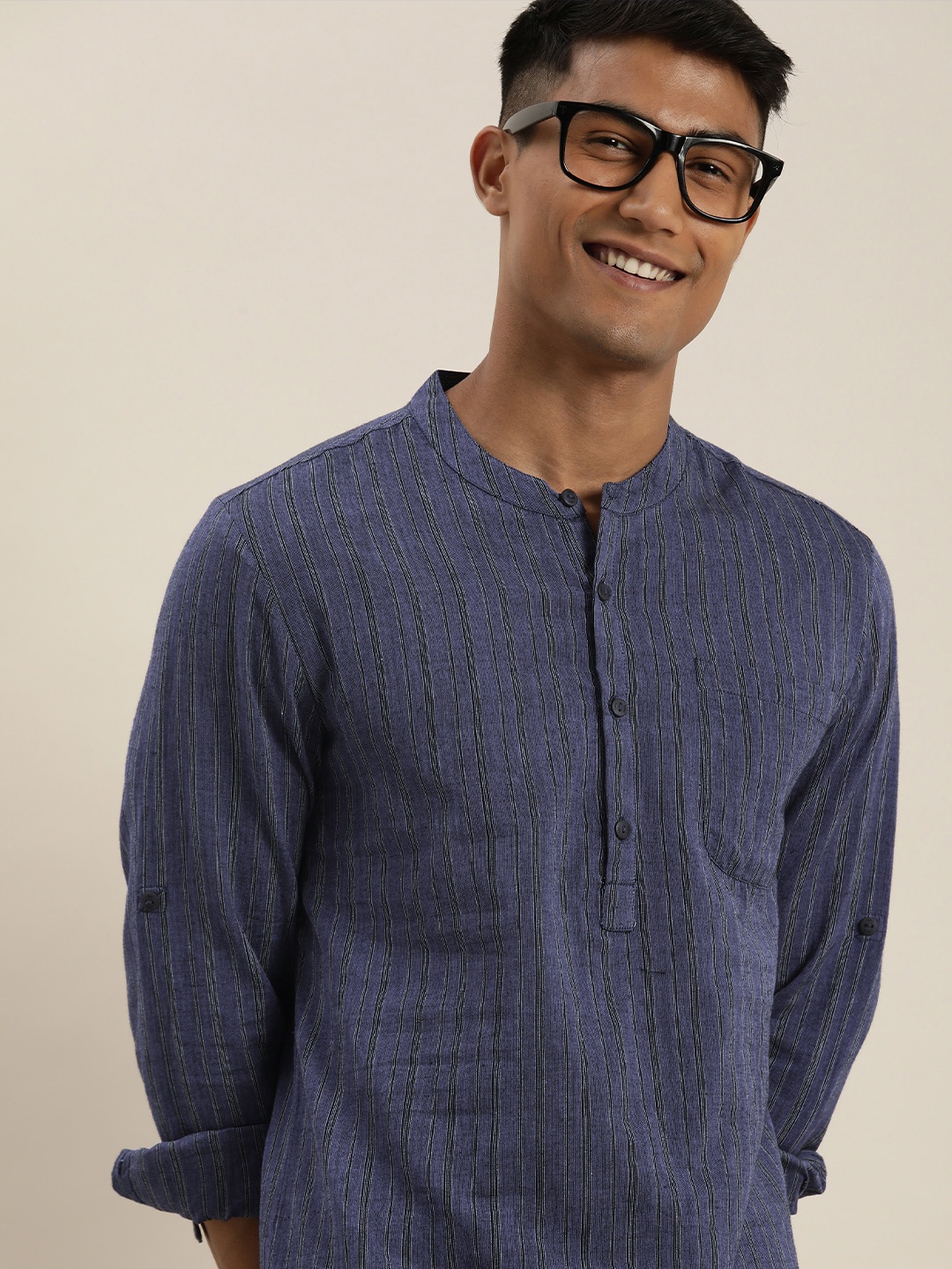 Taavi Men Navy Blue Striped Band-Collar Pure Cotton Woven Legacy Kurta