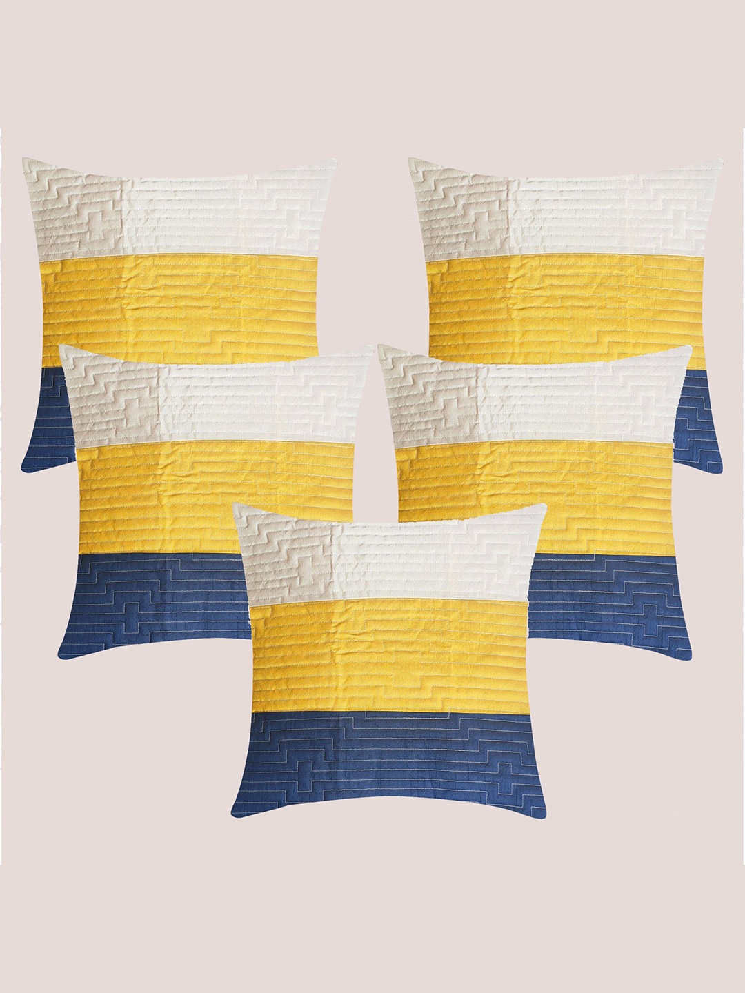 Molcha Mustard & Blue Set of 5 Striped Square Cushion Covers