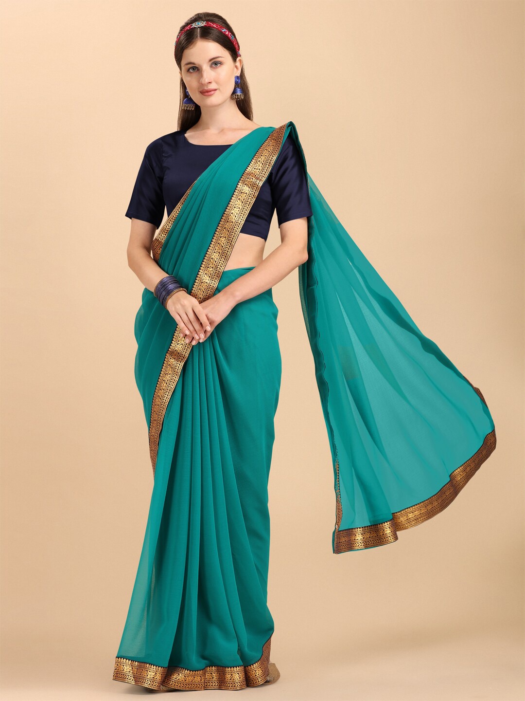 Sangria Turquoise Blue & Gold-Toned Solid Pure Georgette Saree