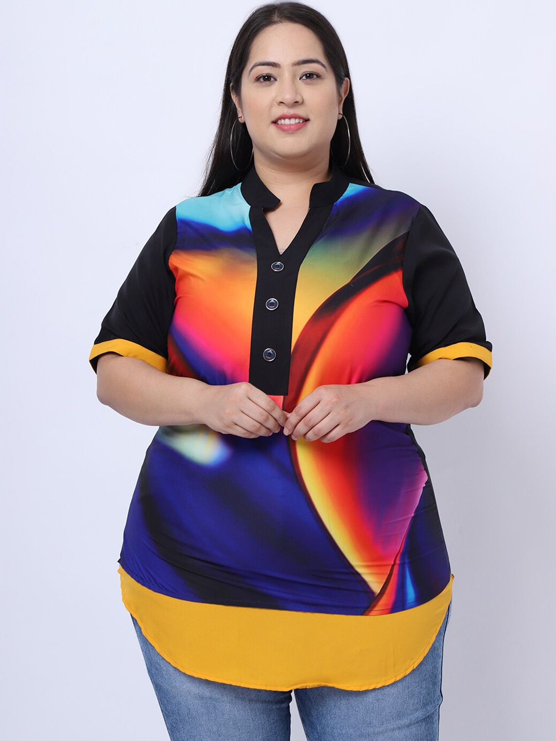 Flambeur Women Multicolored Printed Mandarin Collar Crepe Shirt Style Plus Size Top, Multi
Flambeur Women Multicolored Printed Mandarin Collar Crepe Shirt Style Plus Size Top, Multi