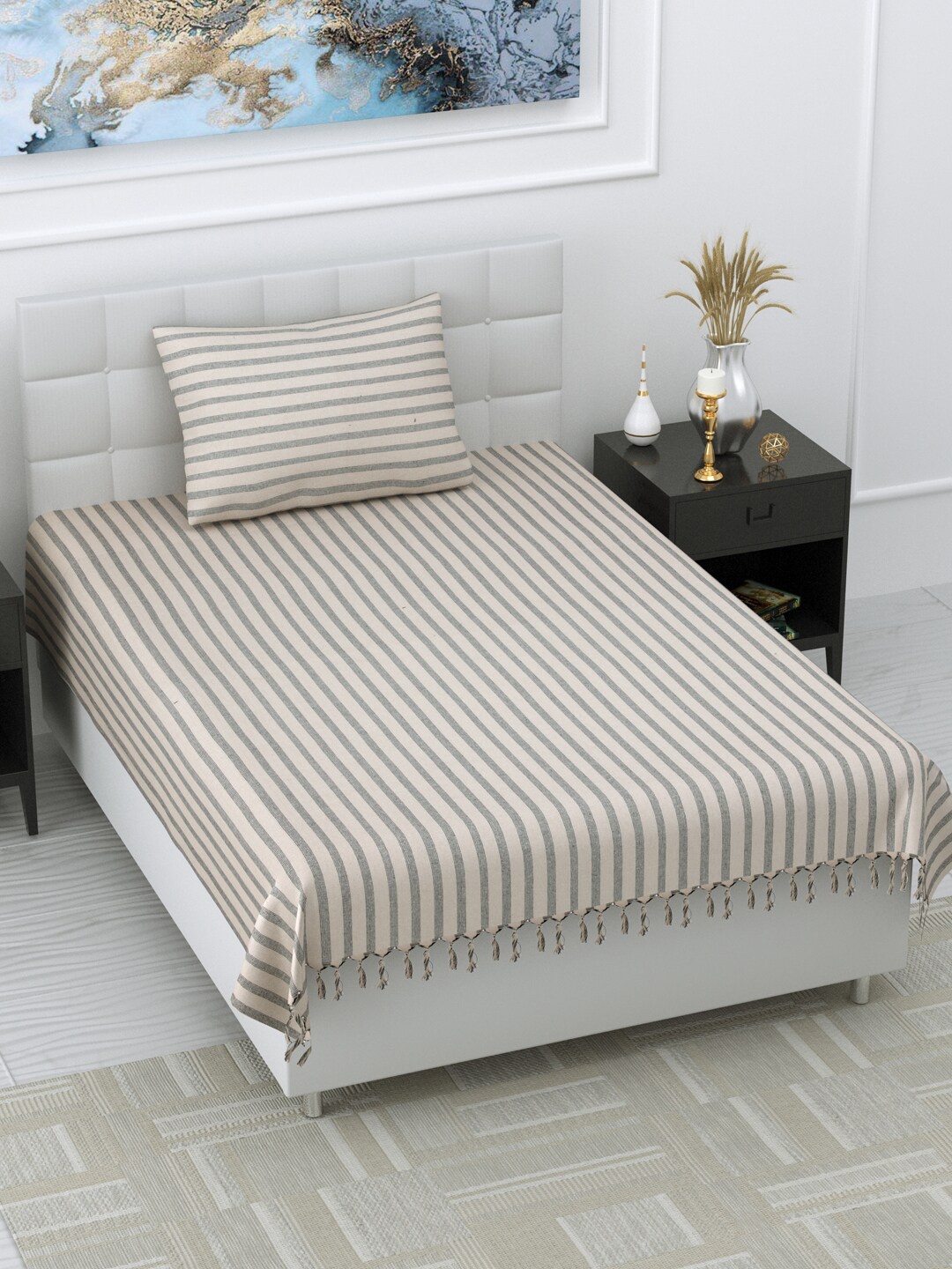 Varde Grey & Cream-Coloured Striped 180 TC Cotton Single Bedsheet with 1 Pillow Cover
Varde Grey & Cream-Coloured Striped 180 TC Cotton Single Bedsheet with 1 Pillow Cover