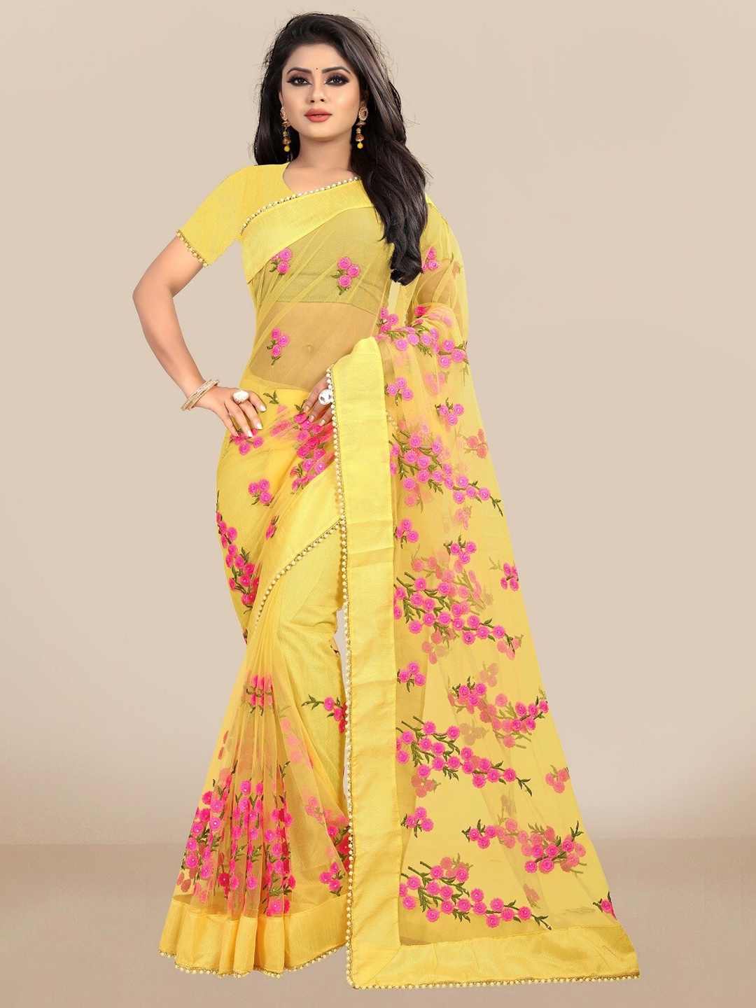 JSItaliya Yellow & Pink Embellished Beads And Stones Net Saree With Blouse Piece