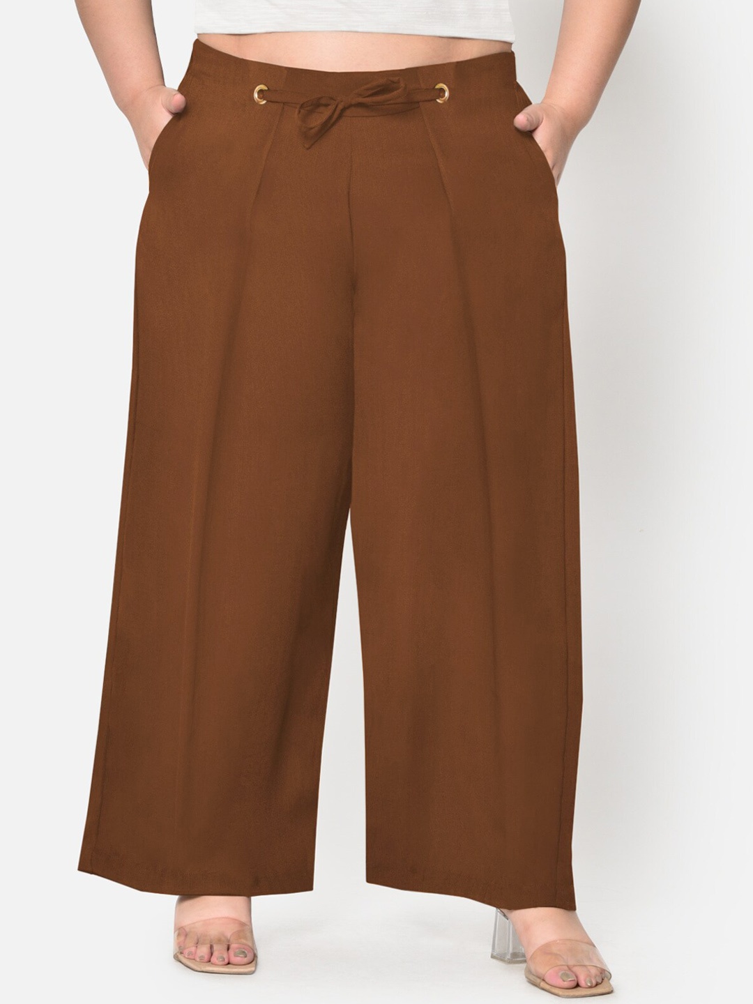 wild U Plus Size Women Brown Relaxed Straight Fit High-Rise Trousers