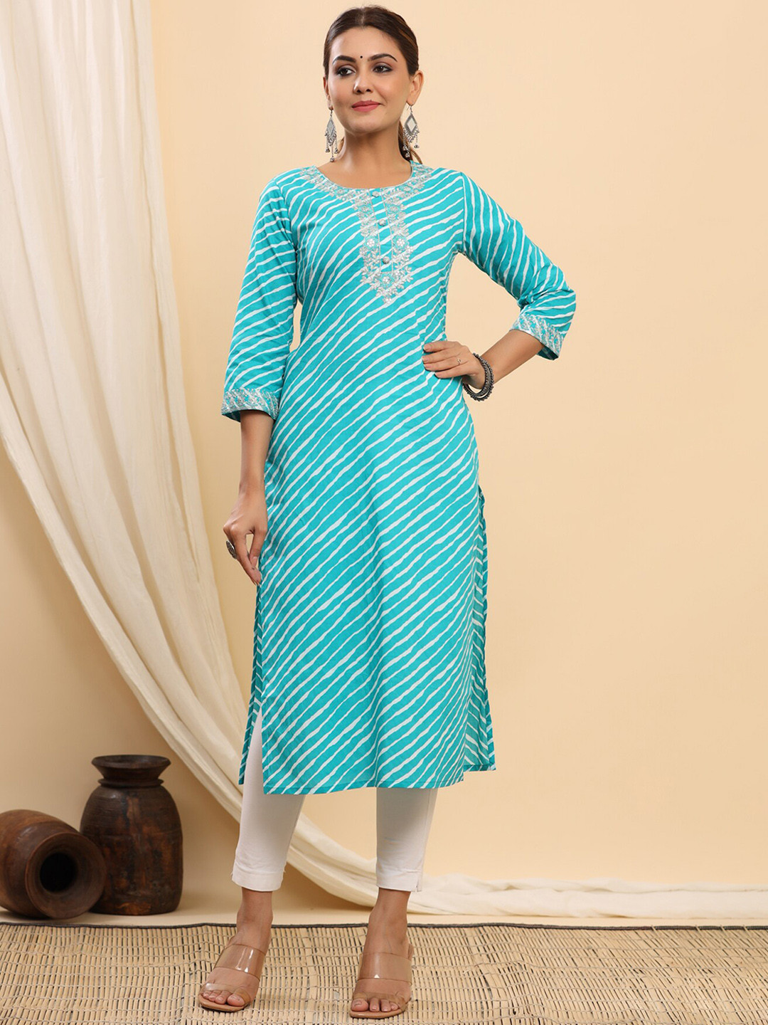 ETHNIC STREET Women Turquoise Blue Striped Thread Work Pastels Cotton Anarkali Kurta
ETHNIC STREET Women Turquoise Blue Striped Thread Work Pastels Cotton Anarkali Kurta