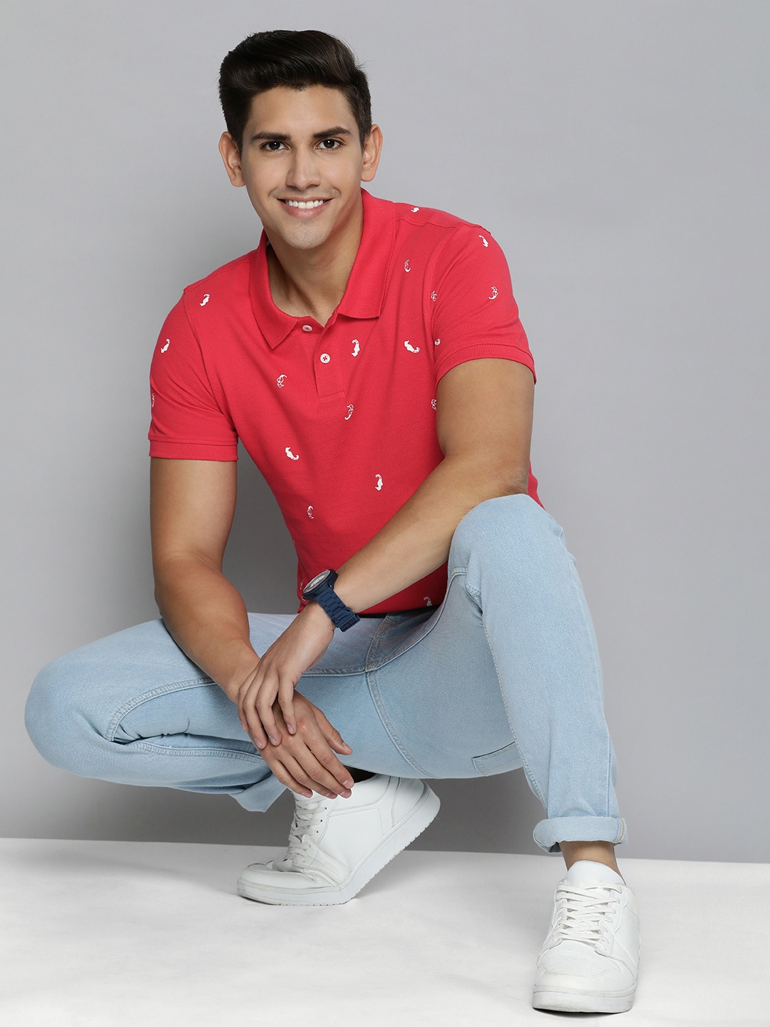 Mast & Harbour Men Pure Cotton Printed Polo Collar T-shirt, Red
