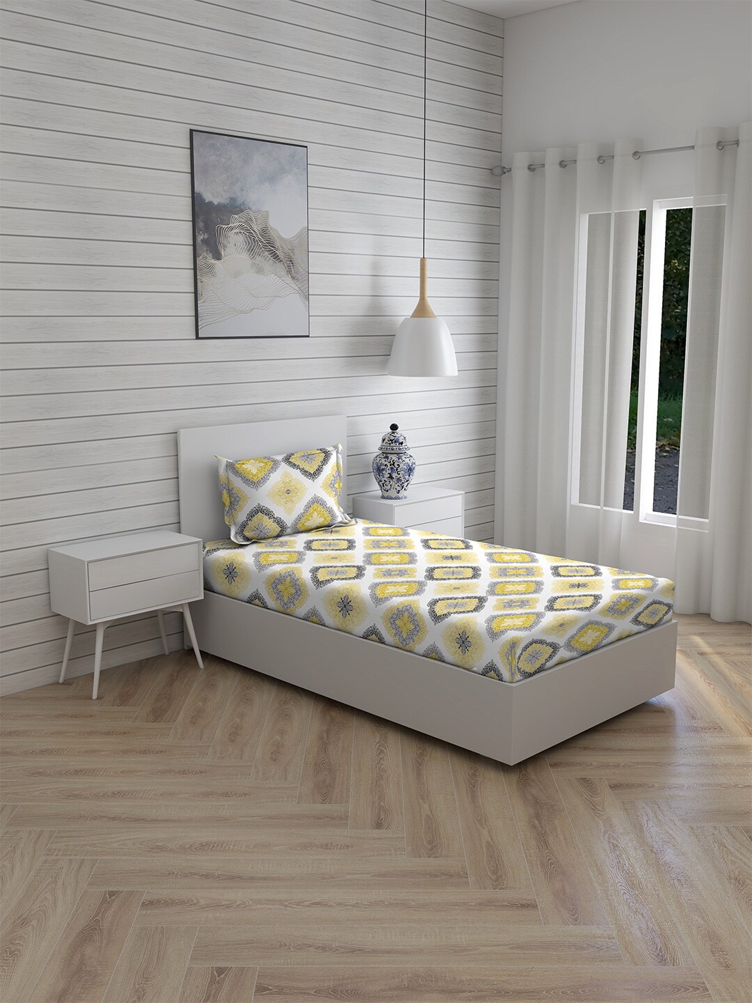 Boutique Living India Yellow & Off White 225 TC CottonSingle Bedsheet with 1 Pillow Covers