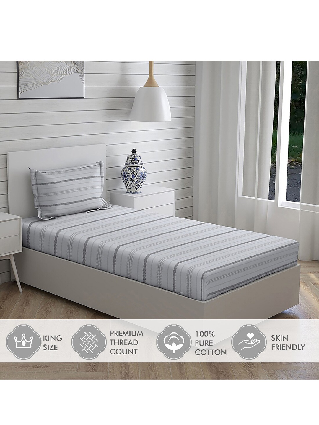 Boutique Living India Grey & White Striped 144 TC Single Bedsheet with 1 Pillow Covers
Boutique Living India Grey & White Striped 144 TC Single Bedsheet with 1 Pillow Covers