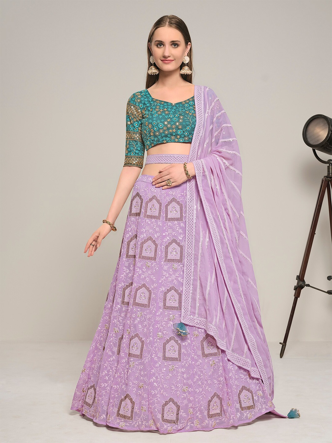 DRESSTIVE Purple & Green Embroidered Thread Work Semi-Stitched Lehenga & Unstitched Blouse With Dupatta
DRESSTIVE Purple & Green Embroidered Thread Work Semi-Stitched Lehenga & Unstitched Blouse With Dupatta