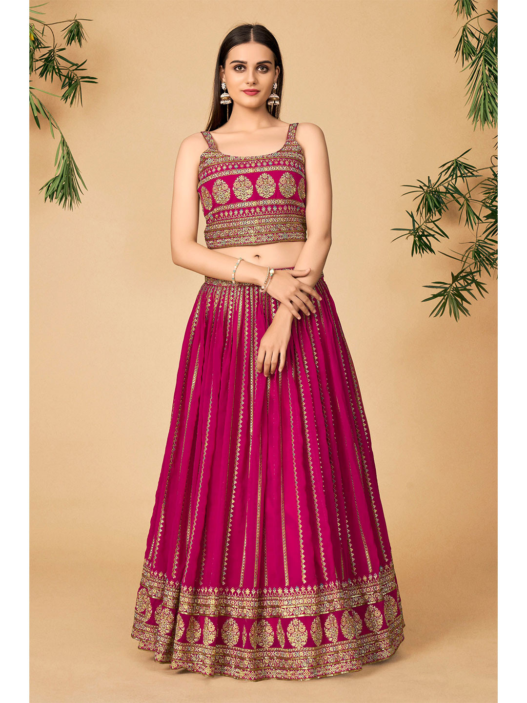 DRESSTIVE Pink & Gold-Toned Embroidered Mirror Work Ready to Wear Lehenga & Blouse With Dupatta
DRESSTIVE Pink & Gold-Toned Embroidered Mirror Work Ready to Wear Lehenga & Blouse With Dupatta