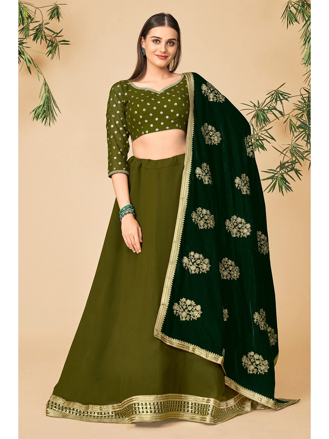 DRESSTIVE Olive Green & Gold-Toned Embroidered Semi-Stitched Lehenga & Unstitched Blouse With Dupatta
DRESSTIVE Olive Green & Gold-Toned Embroidered Semi-Stitched Lehenga & Unstitched Blouse With Dupatta