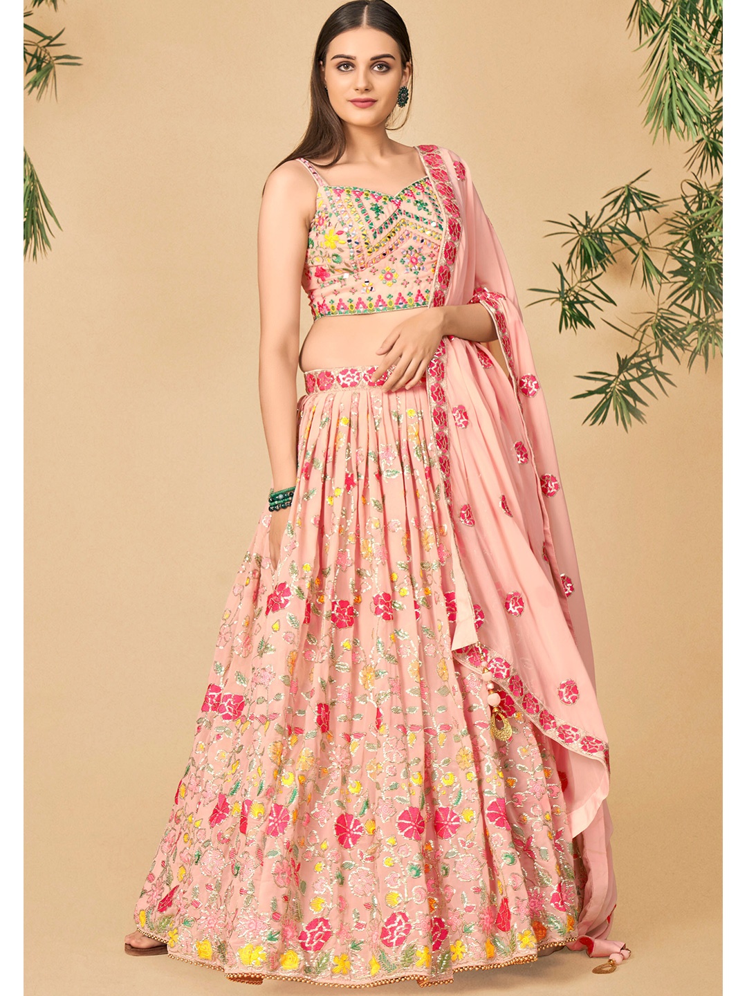 DRESSTIVE Peach-Coloured & Green Embroidered Mirror Work Ready to Wear Lehenga & Blouse With Dupatta
DRESSTIVE Peach-Coloured & Green Embroidered Mirror Work Ready to Wear Lehenga & Blouse With Dupatta