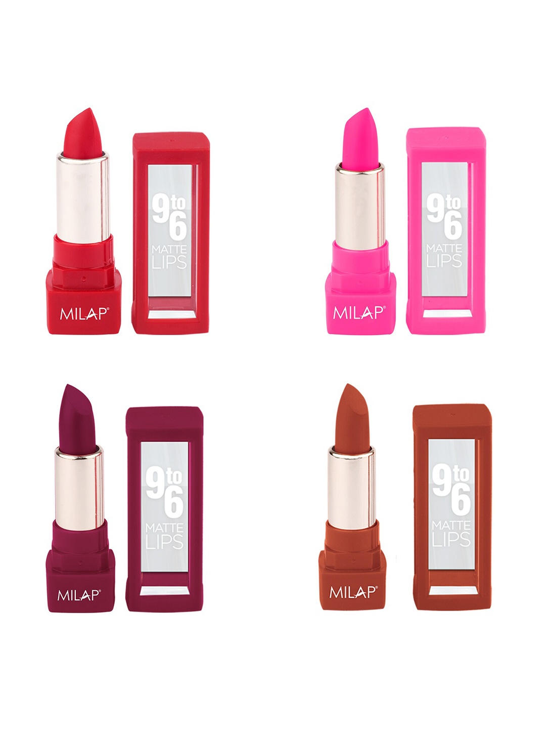MILAP Set Of 4 9to6 Matte Lips Lipstick 4.2g Each - Demon Daze + Manhattan Rose + Love Struck + Tea N Coffee, Pink
MILAP Set Of 4 9to6 Matte Lips Lipstick 4.2g Each - Demon Daze + Manhattan Rose + Love Struck + Tea N Coffee, Pink