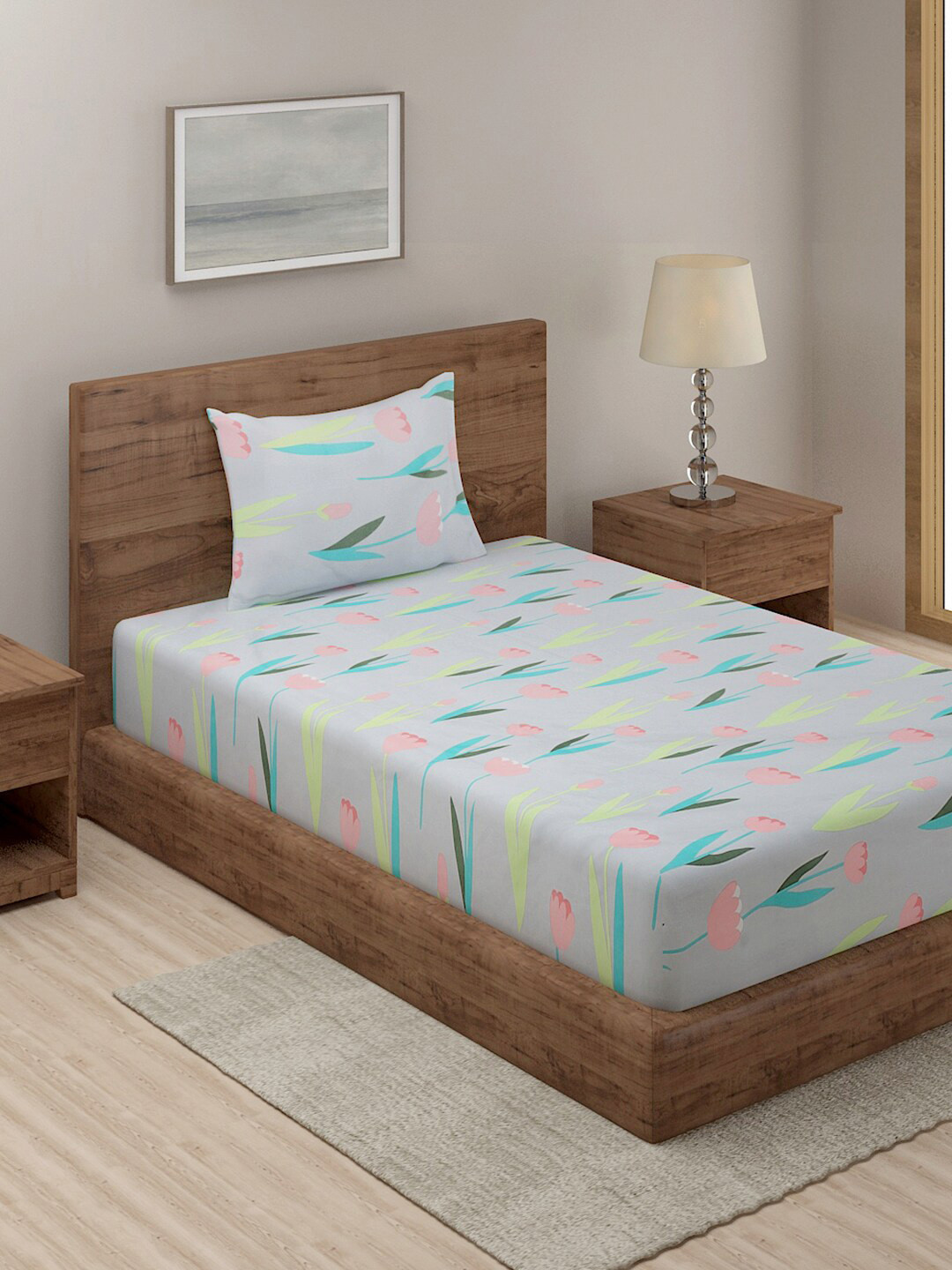 TAG 7 Grey & Green Floral 210 TC Single Bedsheet with 1 Pillow Covers
TAG 7 Grey & Green Floral 210 TC Single Bedsheet with 1 Pillow Covers