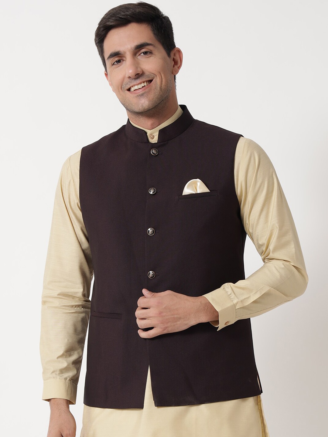 MAXENCE Men Purple & Cream Colored Solid Woven Nehru Jackets With Pocket Square, Brown
MAXENCE Men Purple & Cream Colored Solid Woven Nehru Jackets With Pocket Square, Brown