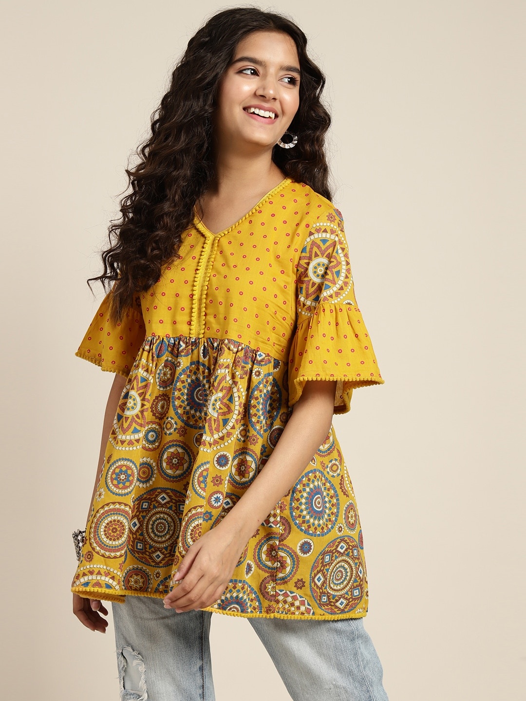 Sangria Girls Ethnic Motifs Printed Pure Cotton Pom Pom Detail Longline Empire Top, Yellow
Sangria Girls Ethnic Motifs Printed Pure Cotton Pom Pom Detail Longline Empire Top, Yellow