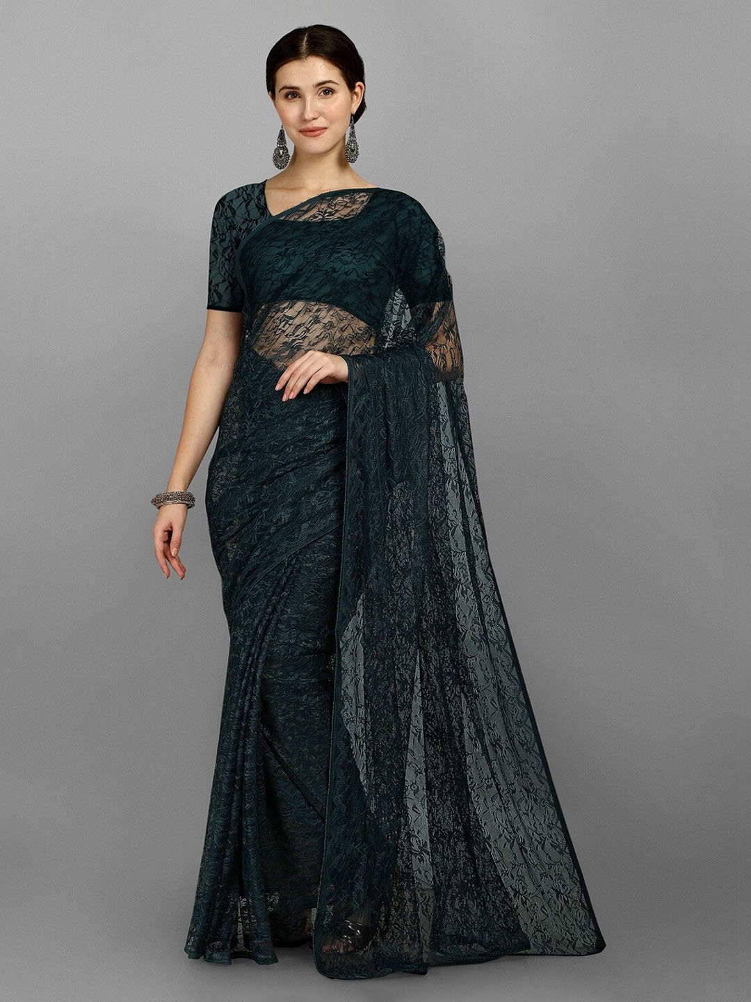 Fashion Basket Green Floral Embroidered Net Saree