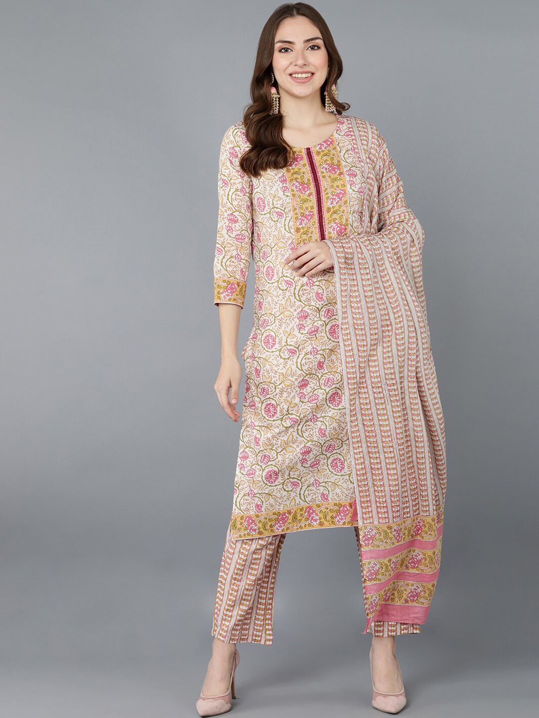 AHIKA Women Cream-Coloured Floral Printed Pure Cotton Kurta with Trousers & With Dupatta
AHIKA Women Cream-Coloured Floral Printed Pure Cotton Kurta with Trousers & With Dupatta