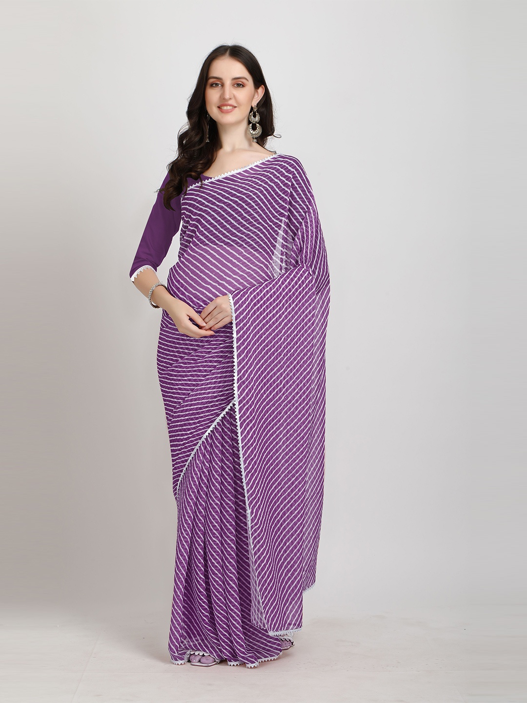 Sidhidata Purple & White Leheriya Sequinned Pure Georgette Leheriya Saree