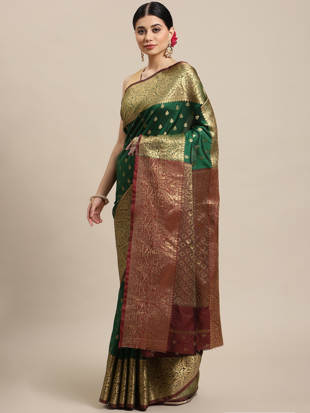 SHOPGARB Green & Golden Ethnic Motifs Zari Silk Blend Banarasi Saree