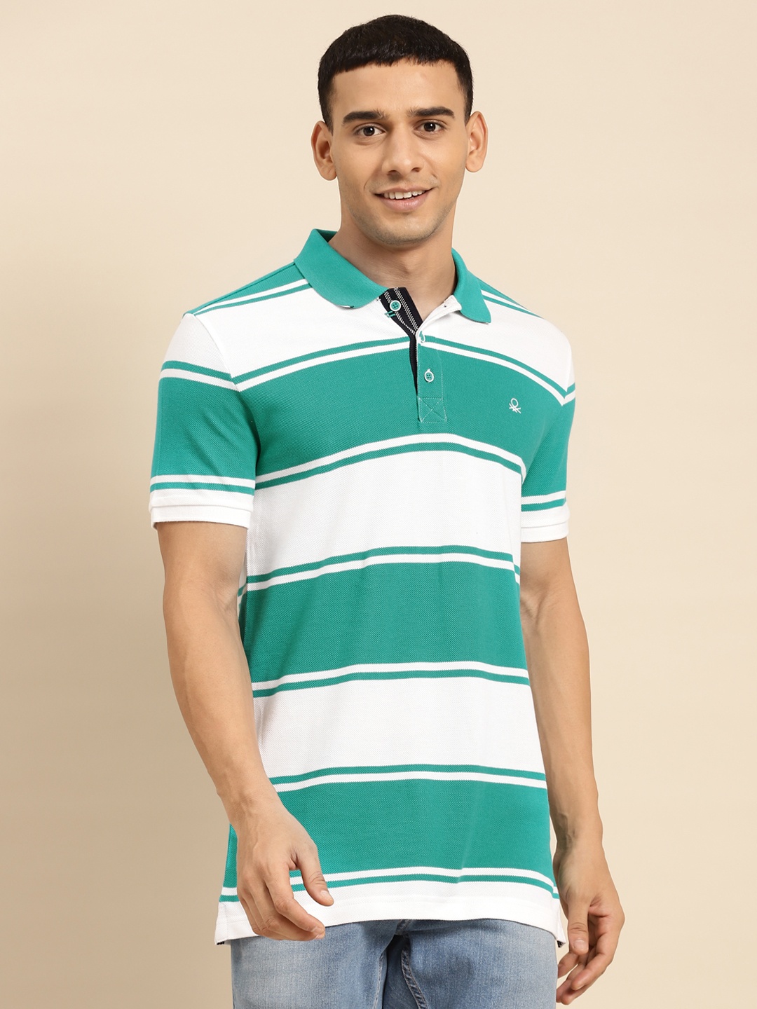 United Colors of Benetton Men White & Sea Green Striped Polo Collar Pure Cotton T-shirt
United Colors of Benetton Men White & Sea Green Striped Polo Collar Pure Cotton T-shirt