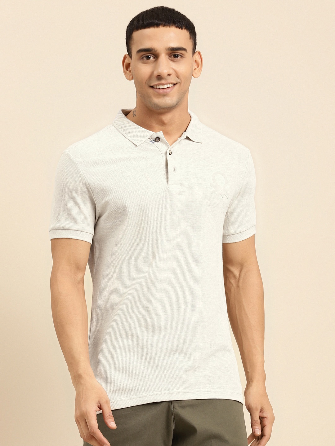 United Colors of Benetton Men Grey Melange Polo Collar Pure Cotton T-shirt
