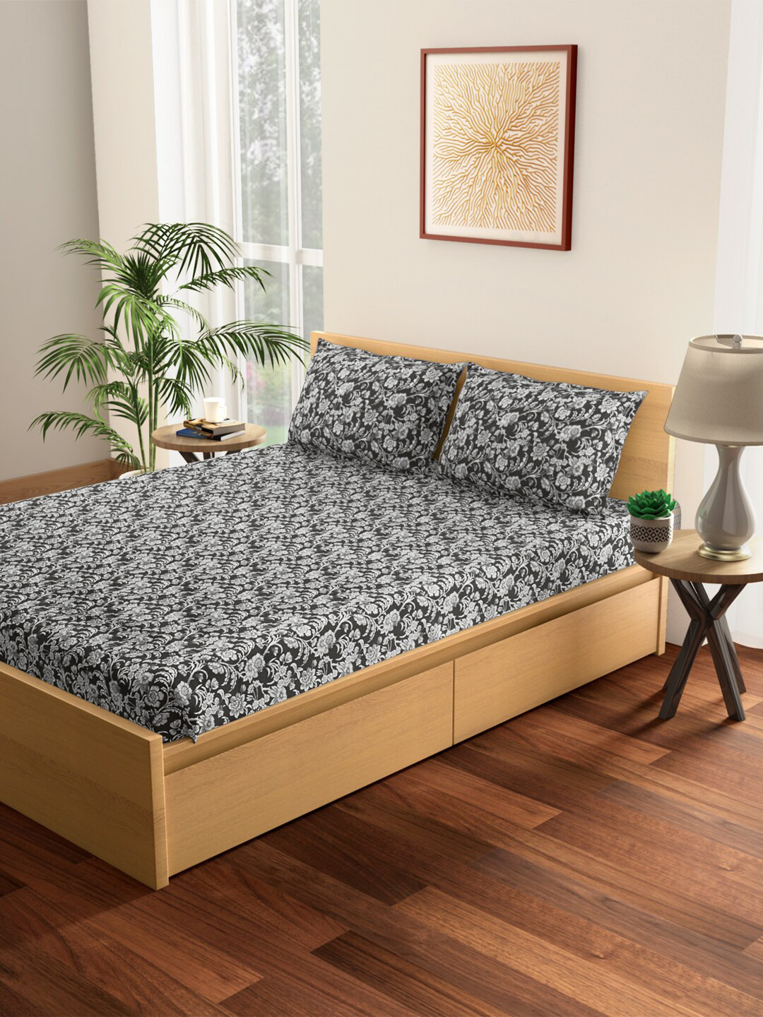 Living scapes by Pantaloons Charcoal Floral 128 TC Queen Bedsheet with 2 Pillow Covers 
Living scapes by Pantaloons Charcoal Floral 128 TC Queen Bedsheet with 2 Pillow Covers