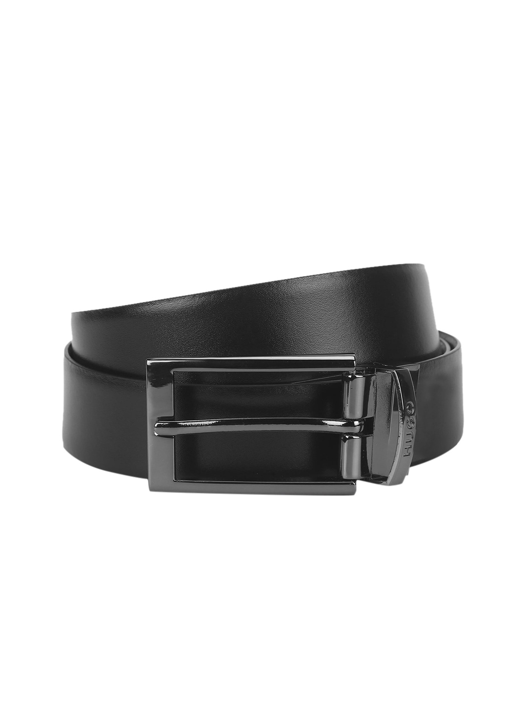 HUGO Men Black Solid Leather Belt