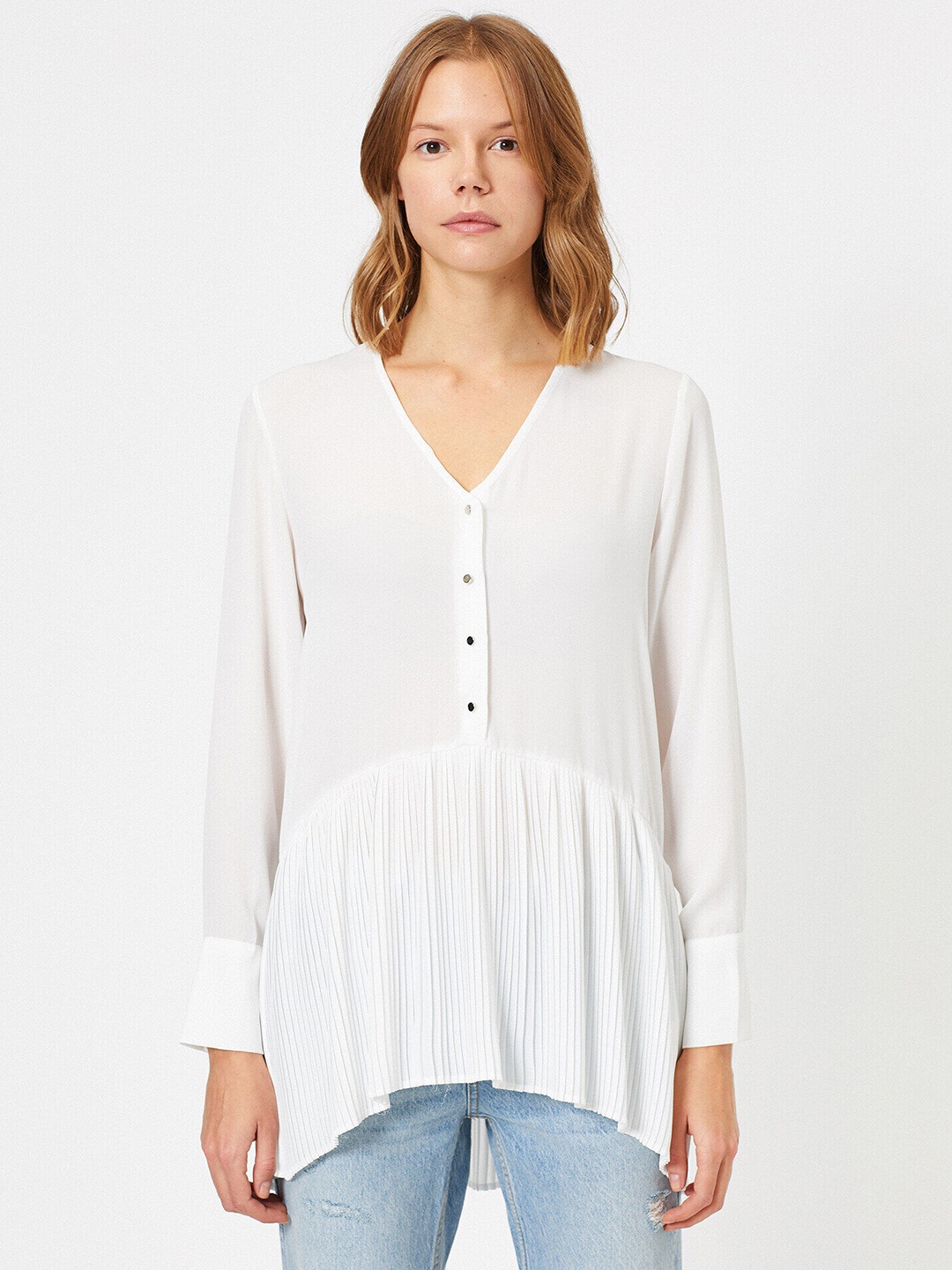 Koton White Solid Accordion Pleated High-Low Tunic