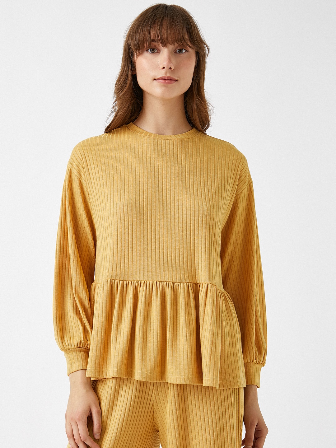 Koton Mustard Yellow Ribbed Puff Sleeves A-Line Top