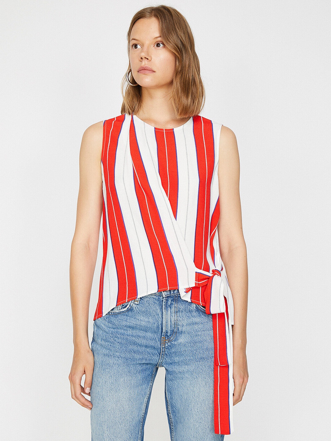 Koton White & Red Tie-Up Detail Striped Top