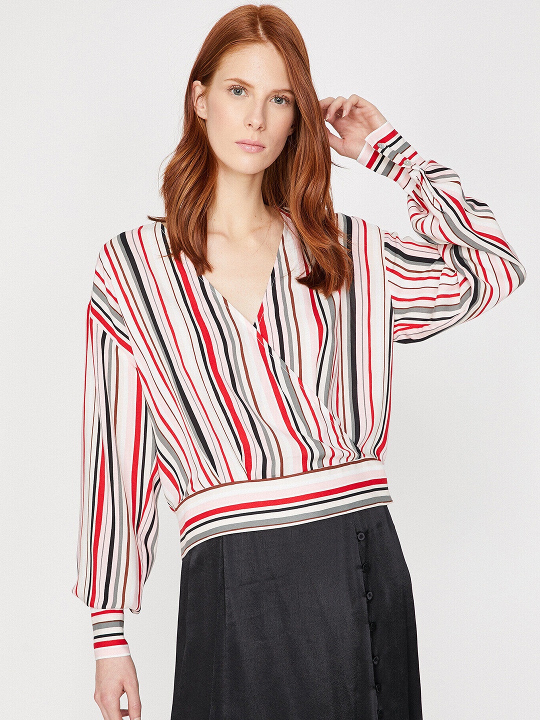 Koton White & Red Striped Wrap Top
